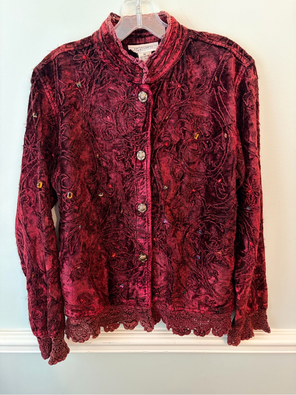 Flashback Couture Vintage Velvet Embroidered Beaded Jacket Scallop Crochet M